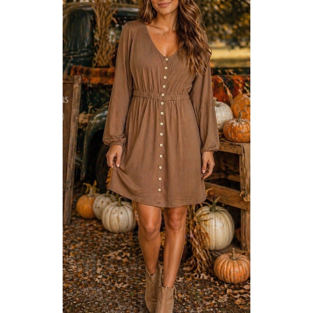 BTFBM Dress Womens L Brown Button Front Long Sleeve Minimalist Boho Comfort LtWt